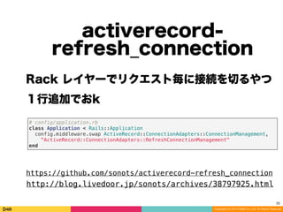 Copyright (C) 2014 DeNA Co.,Ltd. All Rights Reserved.
クライアントDNSキャッシュ
22
!
• ruby 実装
• キャッシュしないと名前解決遅い
• 重み0なmasterへのfallback
 