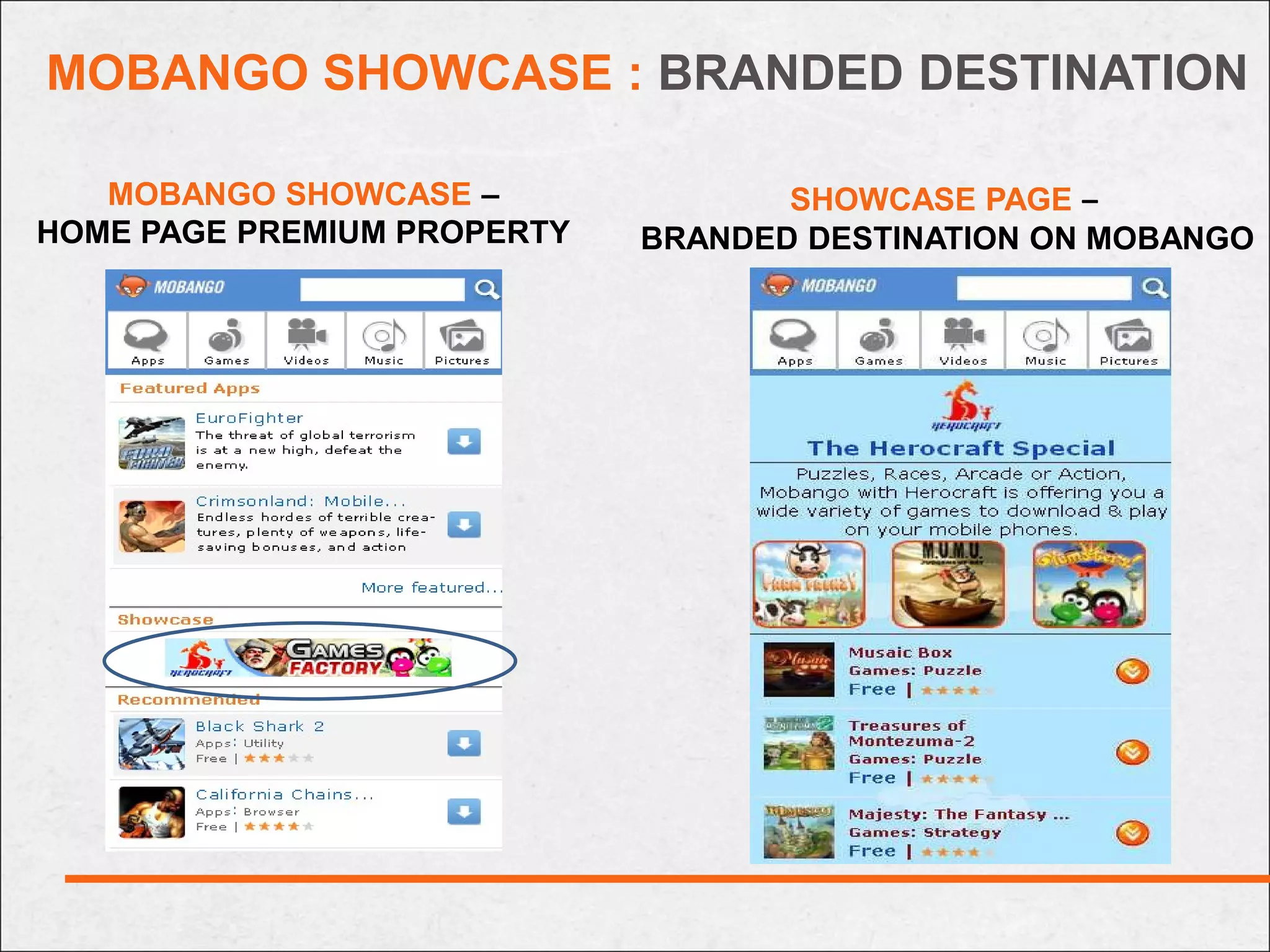 MOBANGO SHOWCASE : BRANDED DESTINATION

   MOBANGO SHOWCASE –               SHOWCASE PAGE –
HOME PAGE PREMIUM PROPERTY   BRANDED DESTINATION ON MOBANGO
 