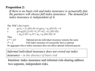 Proposition 2:
  If there is no basis risk and index insurance is actuarially fair,
  the partners will choose full index insurance. The demand for
  index insurance is independent of δ.

 The FOC’s for δ and i:
 δ:        q(-U2’+ U3’)P(1-P)+(1-q)(-u2’+u3’)P(1-P) = 0
 i:        q(1-q){[U0’(1-P)2+U1’P2+(U2’+U3’)P(1-P)]
           + [u0’(1-P)2+u1’P2+ (u2’+u3’)P(1-P]}=0
 Thus
 δ * = d/2           Optimal private individual insurance remains the same
 i* = L              Full index insurance (if actuarially fair) is optimal
 So aggregate risk or index insurance does not affect optimal informal payout

 Informal individual insurance does not crowd out index
 insurance – in the absence of basis risk
 Intuition: index insurance and informal risk-sharing address
 two separate, independent risks.
 