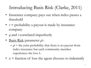 Introducing Basis Risk (Clarke, 2011)
• Insurance company pays out when index passes a
  threshold
• r = probability a payout is made by insurance
  company
• q and r correlated imperfectly
• Basis Risk parameter ρ :
   – ρ = the joint probability that there is no payout from
     index insurance but each community member
     experiences the loss L
• α = fraction of loss the agent chooses to indemnify
                                                              12
 