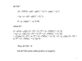 dα*/dδ =

     {(1 - P)P{(r - ρ)(1 - q)(U3 - U2) - ρq(u3 - u 2)

     + (q + ρ - r)(1 - q)(U7 - U6) -

     (1 - q - ρ)q(u7 - u6)}/Θ,

where Θ =

(1 - q)2{(r - ρ)[U0(1 - P)2 + U1P2 + (1 - P)P(U2+ U3)]
 + (q + ρ - r)[U4(1 - P)2 + U5P2 + (1 - P)P(U6 + U7)]}
+ q2{ρ[u0(1 - P)2 + u 1P2 + (1 - P)P(u2 + u 3)] + (1 - q - ρ)[u4(1 - P)2 +
u5P2 + (1 - P)P(u6 + u7)]}<0


     Thus, dα*/dδ  0

     but dα*/dδ can be either positive or negative


                                                                             15
 