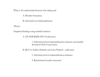 What is the relationship between risk-taking and

          A. Weather Insurance

          B. Informal Loss Indemnification

Theory

Empirical findings using rainfall variation:

          A. NCAER REDS 2007-8 cultivators

                     1. Informal jati-level indemnification estimates and rainfall
                     deviations from 8-year mean

          B. RCT in Andhra Pradesh and Uttar Pradesh - cultivators

                     1. Informal jati-level indemnification estimates

                     2. Randomized weather insurance
 