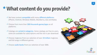  We have content compatible with many different platforms:
(iPhone, Android, Windows Mobile, Blackberry, Java and Bada).
 Choose from more than 500 thousands games/apps on all
platforms.
 Catalogs are sorted in categories. Some catalogs are free to users,
some are available for subscriptions and the rest is per download.
 Choose ringtones from our selection of over 19 million ringtones
and full songs in different genres.
 Choose audio books from our selection of over 300k.
*Whatcontentdoyouprovide?
14
 