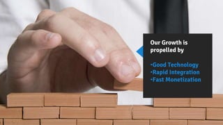 Our Growth is
propelled by
•Good Technology
•Rapid Integration
•Fast Monetization
 