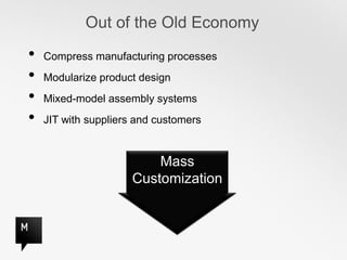 Out of the Old Economy
•   Compress manufacturing processes
•   Modularize product design
•   Mixed-model assembly systems
•   JIT with suppliers and customers


                          Mass
                      Customization
 