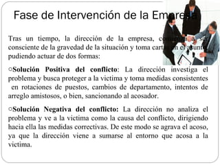 Fase de Intervención de la Empresa
Tras un tiempo, la dirección de la empresa, comienza a ser
consciente de la gravedad de la situación y toma cartas en el asunto,
pudiendo actuar de dos formas:
oSolución Positiva del conflicto: La dirección investiga el
problema y busca proteger a la victima y toma medidas consistentes
 en rotaciones de puestos, cambios de departamento, intentos de
arreglo amistosos, o bien, sancionando al acosador.
oSolución Negativa del conflicto: La dirección no analiza el
problema y ve a la victima como la causa del conflicto, dirigiendo
hacia ella las medidas correctivas. De este modo se agrava el acoso,
ya que la dirección viene a sumarse al entorno que acosa a la
victima.
 