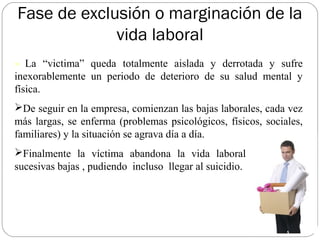 Fase de exclusión o marginación de la
             vida laboral
>  La “victima” queda totalmente aislada y derrotada y sufre
inexorablemente un periodo de deterioro de su salud mental y
física.
De seguir en la empresa, comienzan las bajas laborales, cada vez
más largas, se enferma (problemas psicológicos, físicos, sociales,
familiares) y la situación se agrava día a día.
Finalmente la víctima abandona la vida laboral después de
sucesivas bajas , pudiendo incluso llegar al suicidio.
 