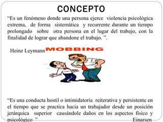 CONCEPTO
“Es un fenómeno donde una persona ejerce violencia psicológica
extrema, de forma sistemática y recurrente durante un tiempo
prolongado sobre otra persona en el lugar del trabajo, con la
finalidad de lograr que abandone el trabajo. ”.

 Heinz Leymann




“Es una conducta hostil o intimidatoria reiterativa y persistente en
el tiempo que se practica hacia un trabajador desde un posición
jerárquica superior causándole daños en los aspectos físico y
psicológico ”                                             Einarsen
 