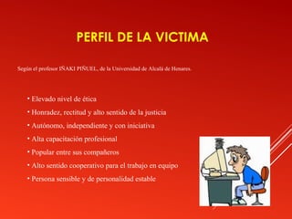 PERFIL DE LA VICTIMA

Según el profesor IÑAKI PIÑUEL, de la Universidad de Alcalá de Henares.




   • Elevado nivel de ética
   • Honradez, rectitud y alto sentido de la justicia
   • Autónomo, independiente y con iniciativa
   • Alta capacitación profesional
   • Popular entre sus compañeros
   • Alto sentido cooperativo para el trabajo en equipo
   • Persona sensible y de personalidad estable
 