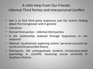 A Little Help From Our Friends:
Informal Third Parties and Interpersonal Conflict
• Aim is to find third party responses a...