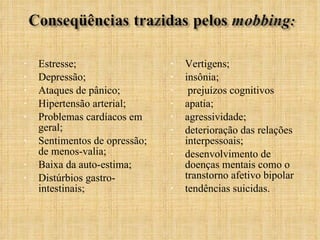 Estresse;  Depressão;  Ataques de pânico;  Hipertensão arterial; Problemas cardíacos em geral;  Sentimentos de opressão; de menos-valia; Baixa da auto-estima; Distúrbios gastro-intestinais;  Vertigens;  insônia; prejuízos cognitivos  apatia;  agressividade;  deterioração das relações interpessoais;  desenvolvimento de doenças mentais como o transtorno afetivo bipolar tendências suicidas. 