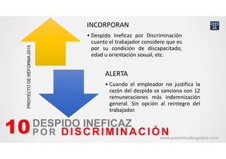 10DESPIDO INEFICAZ
POR DISCRIMINACIÓN
INCORPORAN
• Despido Ineficaz por Discriminación
cuanto el trabajador considere que es
por su condición de discapacitado,
edad u orientación sexual, etc.
ALERTA
• Cuando el empleador no justifica la
razón del despido se sanciona con 12
remuneraciones más indemnización
general. Sin opción al reintegro del
trabajador.
www.pazminoabogados.com
PROYECTODEREFORMA2015
 