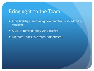 We help small businesses succeed.
The Worst of Times
• Lost resources
– Lost a developer to another team
– Scheduling issues around the holidays
• Collapsed to one mob
– Lost black box testing ability
– Same people all day every day
– Lost QA interest in mob
– Drivers weren’t rotating
 