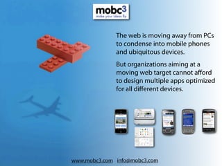 The web is moving away from PCs
              to condense into mobile phones
              and ubiquitous devices.
              But organizations aiming at a
              moving web target cannot aﬀord
              to design multiple apps optimized
              for all diﬀerent devices.


                                               Carrefour mobile




                                     Email address            Password

                               Welcome to Carrefour, please enter your
                               credentials above or sign up as new user




                                                           New
                                OK            Cancel
                                                           User
                                          powered by Oracle & mobc3




www.mobc3.com info@mobc3.com
 