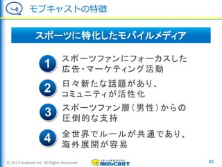 © 2013 mobcast inc. All Rights Reserved
モブキャストの特徴
45
スポーツファンにフォーカスした
広告・マーケティング活動
スポーツに特化したモバイルメディア
全世界でルールが共通であり、
海外展開が容易
日々新たな話題があり、
コミュニティが活性化
2
4
1
スポーツファン層（男性）からの
圧倒的な支持
3
 