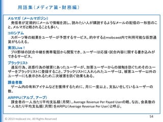 © 2013 mobcast inc. All Rights Reserved
54
メルマガ （メールマガジン）
発信者が定期的にメールで情報を流し、読みたい人が購読するようなメールの配信の一形態のこ
と。メルマガと略されることも多い。
コロシアム
スポーツ等の結果をユーザーが予想するサービス。的中するとｍｏｂｃａｓｔ内で利用可能な仮想通
貨がもらえる。
実況Ｌｉｖｅ！
プロ野球の試合中継を携帯電話から閲覧でき、ユーザーは応援・試合内容に関する書き込みが
できるサービス。
ブラックリスト
違反行為、迷惑行為の被害にあったユーザーが、加害ユーザーからの接触を防ぐためそのユー
ザーをブラックリストに登録すること。ブラックリストに入れられたユーザーは、被害ユーザー以外の
ユーザーにも表示されるため二次被害を防ぐ効果もある。
課金者数
ゲーム内の有料アイテムなどを獲得するために、月に一度以上、支払いをしているユーザーの
数。
ＡＲＰＰＵ（アルプ、アープ）
課金者の一人当たり平均支払額（月間）。Average Revenue Per Payed Userの略。なお、会員数の
一人当たり平均支払額（月間）をＡＲＰＵ（Average Revenue Per User）と呼ぶ。
用語集（ メディア篇・ 財務編）
 