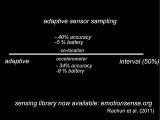 adaptive sensor sampling
interval (50%)
adaptive
-5 % battery
- 40% accuracy
co-location
-8 % battery
- 34% accuracy
Rachuri et al. (2011)
accelerometer
sensing library now available: emotionsense.org
 