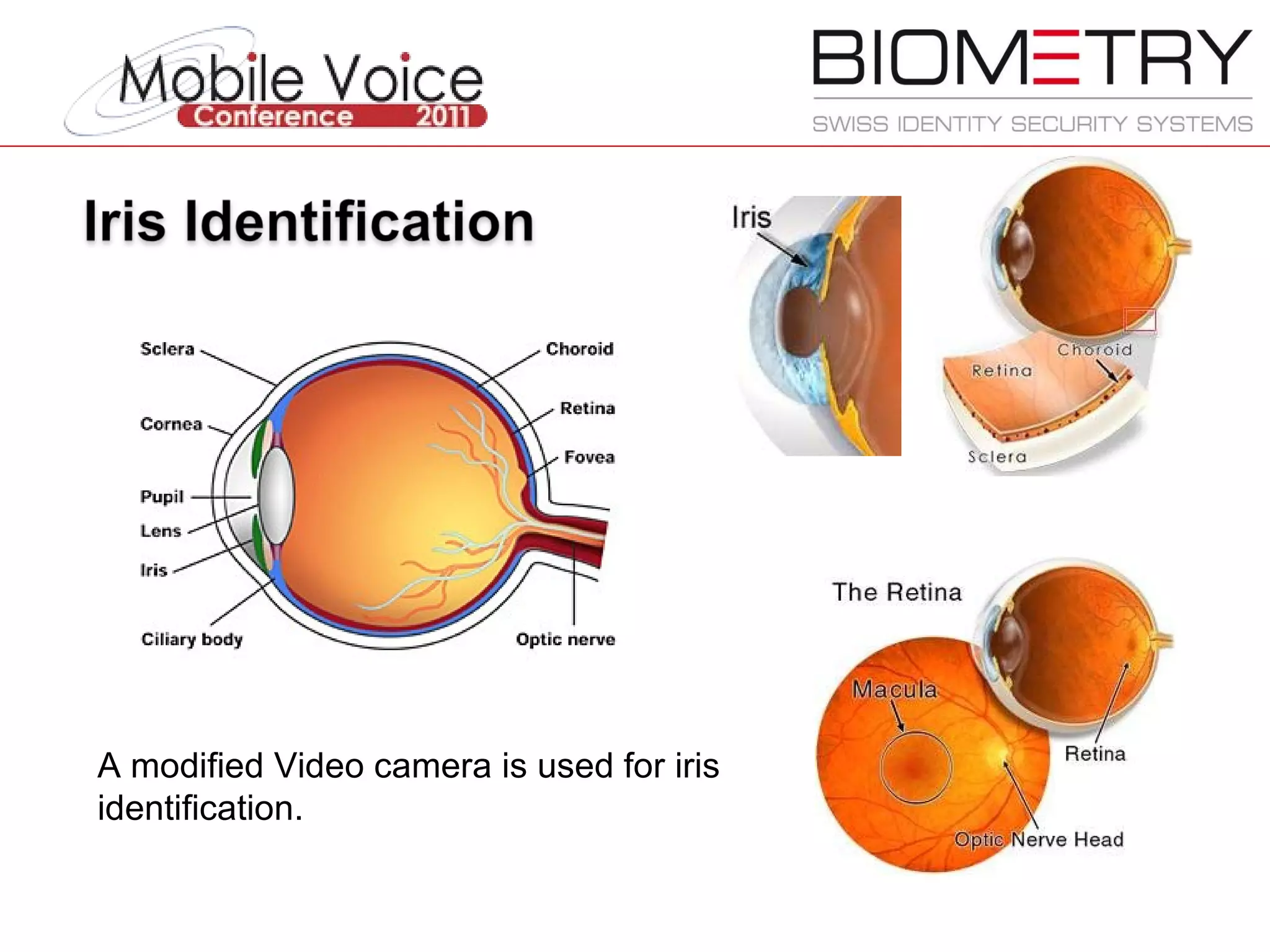 A modified Video camera is used for iris identification.  