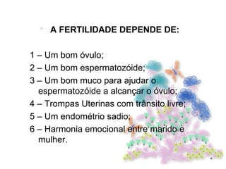 A FERTILIDADE DEPENDE DE: 1 – Um bom óvulo; 2 – Um bom espermatozóide; 3 – Um bom muco para ajudar o espermatozóide a alcançar o óvulo; 4 – Trompas Uterinas com trânsito livre; 5 – Um endométrio sadio; 6 – Harmonia emocional entre marido e mulher. 