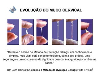 EVOLUÇÃO DO MUCO CERVICAL “ Durante o ensino do Método de Ovulação Billings, um conhecimento simples, mas vital, está sendo fornecido e, com a sua prática, uma segurança e um novo senso de dignidade pessoal é adquirido por ambas as partes.” (Dr. Jonh Billings:  Ensinando o Método de Ovulação Billings  Parte II,1998) 