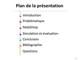 Introduction
Conclusion
Simulation et évaluation
MobDHop
Plan de la présentation
Bibliographie
Questions
2
Problématique
 