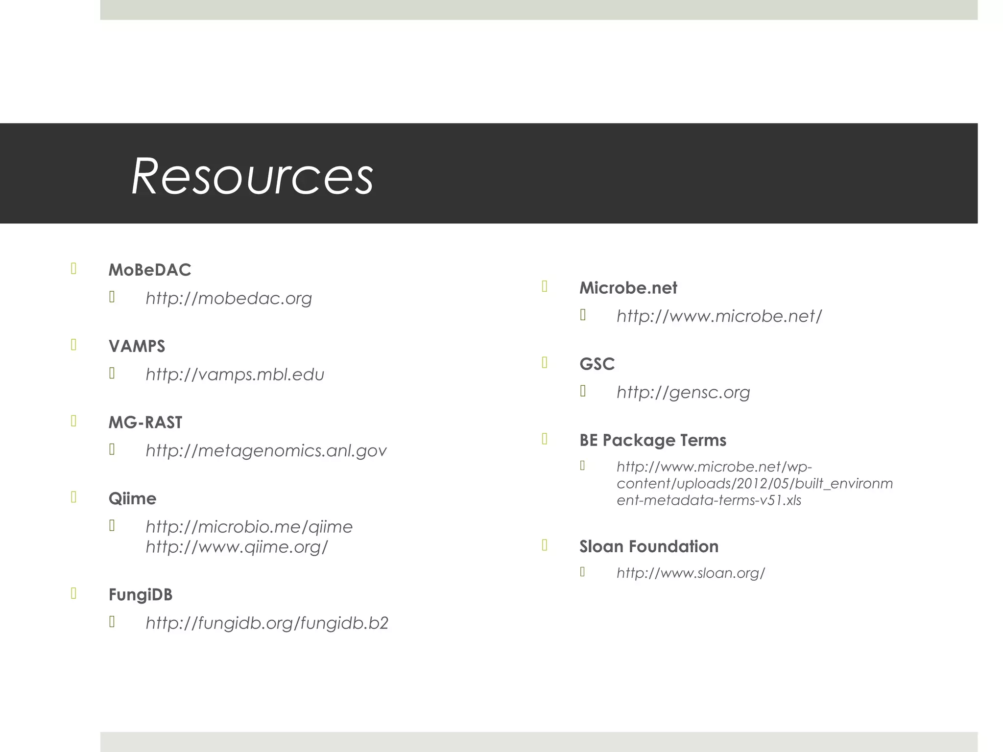 Resources
   MoBeDAC
                                           Microbe.net
       http://mobedac.org
                                                 http://www.microbe.net/
   VAMPS
                                           GSC
       http://vamps.mbl.edu
                                                 http://gensc.org
   MG-RAST
                                           BE Package Terms
       http://metagenomics.anl.gov
                                                 http://www.microbe.net/wp-
                                                  content/uploads/2012/05/built_environm
   Qiime                                         ent-metadata-terms-v51.xls
       http://microbio.me/qiime
        http://www.qiime.org/              Sloan Foundation
                                                 http://www.sloan.org/
   FungiDB
       http://fungidb.org/fungidb.b2
 