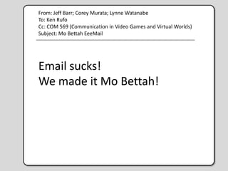 From: Jeff Barr; Corey Murata; Lynne Watanabe
To: Ken Rufo
Cc: COM 569 (Communication in Video Games and Virtual Worlds)
Subject: Mo Bettah EeeMail




Email sucks!
We made it Mo Bettah!
 