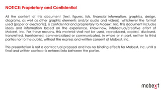 NOTICE: Proprietary and Confidential
All the content of this document (text, figures, lists, financial information, graphics, design,
diagrams, as well as other graphic elements and/or audio and videos), whichever the format
used (paper or electronic), is confidential and proprietary to Mobext, Inc. This document includes
ideas and information based on the experience, know-how, intellectual/creative effort of
Mobext, Inc. For these reasons, this material shall not be used, reproduced, copied, disclosed,
transmitted, transformed, commercialized or communicated, in whole or in part, neither to third
parties nor to the public, without the express and written consent of Mobext, Inc.
This presentation is not a contractual proposal and has no binding effects for Mobext, Inc. until a
final and written contract is entered into between the parties.
 