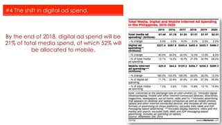 By the end of 2018, digital ad spend will be
21% of total media spend, of which 52% will
be allocated to mobile.
#4 The shift in digital ad spend.
 