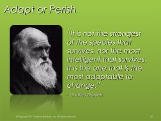 © Copyright 2012 Antenna Software, Inc. All rights reserved. Proprietary and Confidential. Do not distribute.
““It is not the strongestIt is not the strongest
of the species thatof the species that
survives, nor the mostsurvives, nor the most
intelligent that survives.intelligent that survives.
It is the one that is theIt is the one that is the
most adaptable tomost adaptable to
change.”change.”
- Charles Darwin- Charles Darwin
12© Copyright 2011 Antenna Software, Inc. All rights reserved.
Adapt or PerishAdapt or Perish
 