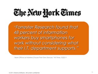 no!no!
13© 2011 Antenna Software | All content confidential
““Forrester Research found thatForrester Research found that
48 percent of information48 percent of information
workers buy smartphones forworkers buy smartphones for
work without considering whatwork without considering what
their I.T. department supports.their I.T. department supports.””
“More Offices Let Workers Choose Their Own Devices,” NY Times, 9/22/11
 