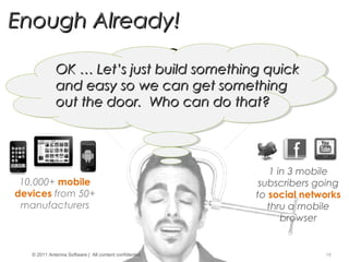 © Copyright 2012 Antenna Software, Inc. All rights reserved. Proprietary and Confidential. Do not distribute.
Enough Already!Enough Already!
10,000+ mobile
devices from 50+
manufacturers
1.5M mobile apps from
more than 40 stores
1 in 3 mobile
subscribers going
to social networks
thru a mobile
browser
OK … LetOK … Let’s just build something quick’s just build something quick
and easy so we can get somethingand easy so we can get something
out the door. Who can do that?out the door. Who can do that?
18© 2011 Antenna Software | All content confidential
 