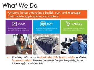 2 © Copyright 2012 Antenna Software, Inc. All rights reserved.
Antenna helps enterprises build, run and manage
their mobile applications and content.
➦ Enabling enterprises to eliminate risk, lower costs, and stay
future-proofed from the constant changes happening in our
increasingly mobile society.
What We DoWhat We Do
 