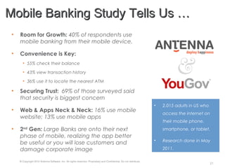 © Copyright 2012 Antenna Software, Inc. All rights reserved. Proprietary and Confidential. Do not distribute.
Mobile Banking Study Tells Us …Mobile Banking Study Tells Us …
• Room for Growth: 40% of respondents use
mobile banking from their mobile device.
• Convenience is Key:
• 55% check their balance
• 43% view transaction history
• 36% use it to locate the nearest ATM
• Securing Trust: 69% of those surveyed said
that security is biggest concern
• Web & Apps Neck & Neck: 16% use mobile
website; 13% use mobile apps
• 2nd
Gen: Large Banks are onto their next
phase of mobile, realizing the app better
be useful or you will lose customers and
damage corporate image
• 2,015 adults in US who
access the internet on
their mobile phone,
smartphone, or tablet.
• Research done in May
2011.
• 2,015 adults in US who
access the internet on
their mobile phone,
smartphone, or tablet.
• Research done in May
2011.
21
 