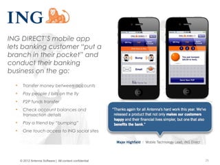 © Copyright 2012 Antenna Software, Inc. All rights reserved. Proprietary and Confidential. Do not distribute.
ING DIRECT’S mobile app
lets banking customer “put a
branch in their pocket” and
conduct their banking
business on the go:
• Transfer money between accounts
• Pay people / bills on the fly
• P2P funds transfer
• Check account balances and
transaction details
• Pay a friend by “bumping”
• One touch access to ING social sites
25© 2012 Antenna Software | All content confidential
 