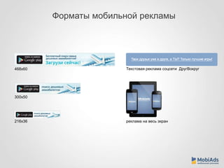 468x60 
300x50 
Форматы мобильной рекламы 
Текстовая реклама соцсети ДругВокруг 
216x36 реклама на весь экран 
 
