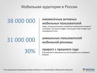 Мобильная аудитория в России 
38 000 000 
31 000 000 
ежемесячных активных 
мобильных пользователей 
Люди, которые регулярно потребляют мобильный интернет, 
скачивают, постоянно серфят, используют свой телефон для 
нахождения в сети. 
уникальных пользователей 
мобильной рекламы 
30% прирост с прошлого года 
В основном он произошел за счет устройств на платформе 
Android. 
* По совокупности браузерной (Opera Browser) и сетевой (Opera Mediaworks Network) 
 