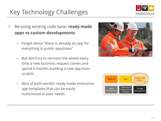Key Technology Challenges
•

Re-using existing code base: ready made
apps vs custom developments
– Forget about “there is already an app for
everything in public appstores”
– But don’t try to reinvent the wheel every
time a new business request comes and
spend 6 months building a new app from
scratch
Platform

– Best of both worlds: ready-made enterprise
app templates that can be easily
customized to your needs

SDK

Ready-made
Apps

Agile
Development

Continuous
Integration &
Testing

Change
Management

12

 