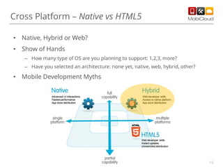 Cross Platform – Native vs HTML5
• Native, Hybrid or Web?

• Show of Hands
– How many type of OS are you planning to support: 1,2,3, more?
– Have you selected an architecture: none yet, native, web, hybrid, other?

• Mobile Development Myths

19

 