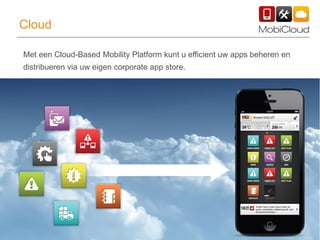 18
Met een Cloud-Based Mobility Platform kunt u efficient uw apps beheren en
distribueren via uw eigen corporate app store.
Cloud
 