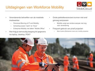 7
• Veranderende behoeften van de moebiele
medewerker
– Perceived Blurring of IT and Mobility
– Scheiding tussen ”werk” en ”thuis”
– Enterprise Mobility niet alleen ”Mobile Office”
• Hoe krijg je eenvoudig toegang tot gegevens
via laptop, desktop, PDA?
• Grote pakketleveranciers kunnen niet snel
genoeg aanpassen
– Mobility vergt een andere aanpak met oog
voor verandering
• Frequent gebruik van proef projecten
– Meer kosten-effectievere route voor mobility projecten
Uitdagingen van Workforce Mobility
 