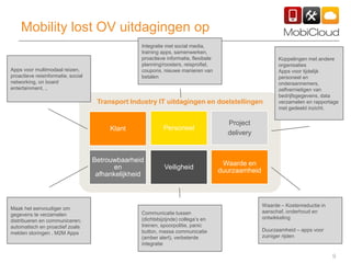 9
Transport Industry IT uitdagingen en doelstellingen
Mobility lost OV uitdagingen op
Apps voor multimodaal reizen,
proactieve reisinformatie, social
networking, on board
entertainment, ..
Maak het eenvoudiger om
gegevens te verzamelen
distribueren en communiceren;
automatisch en proactief zoals
melden storingen , M2M Apps
Communicatie tussen
(dichtsbijzijnde) collega’s en
treinen, spoorpolitie, panic
button, massa communicatie
(amber alert), verbeterde
integratie
Waarde – Kostenreductie in
aanschaf, onderhoud en
ontwikkeling
Duurzaamheid – apps voor
zuiniger rijden
Integratie met social media,
training apps, samenwerken,
proactieve informatie, flexibele
planning/roosters, reisprofiel,
coupons, nieuwe manieren van
betalen
Koppelingen met andere
organisaties
Apps voor tijdelijk
personeel en
onderaannemers,
zelfvernietigen van
bedrijfsgegevens, data
verzamelen en rapportage
met gedeeld inzicht.
Klant Personeel
Project
delivery
Betrouwbaarheid
en
afhankelijkheid
Veiligheid
Waarde en
duurzaamheid
 