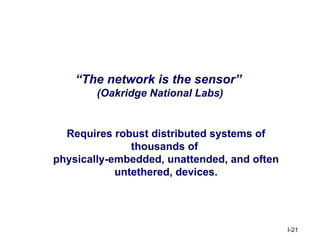 “The network is the sensor”
        (Oakridge National Labs)


  Requires robust distributed systems of
               thousands of
physically-embedded, unattended, and often
            untethered, devices.




                                             I-21
 
