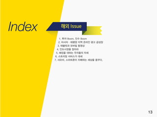 1. 투자 Boom, 인수 Boom
2. 아시아·태평양 지역 온라인 광고 급성장
3. 태블릿과 모바일 동영상
4. 인도시장을 잡아라
5. 해킹을 대하는 우리들의 자세
6. 스트리밍 서비스가 대세
7. 샤오미, 스마트폰이 지배하는 세상을 꿈꾸다.
13
 