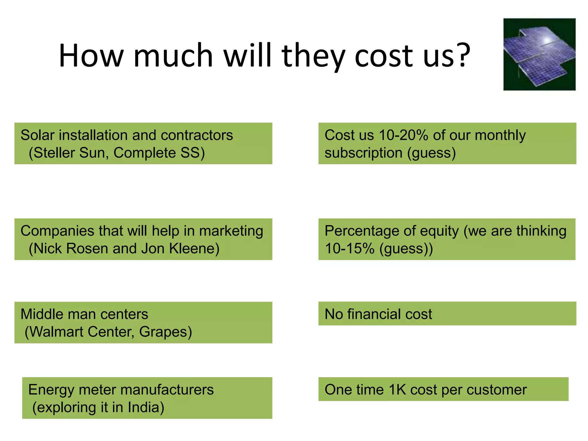 How much will they cost us?

Solar installation and contractors      Cost us 10-20% of our monthly
 (Steller Sun, Complete SS)             subscription (guess)




Companies that will help in marketing   Percentage of equity (we are thinking
 (Nick Rosen and Jon Kleene)            10-15% (guess))



Middle man centers                      No financial cost
(Walmart Center, Grapes)


 Energy meter manufacturers             One time 1K cost per customer
 (exploring it in India)
 