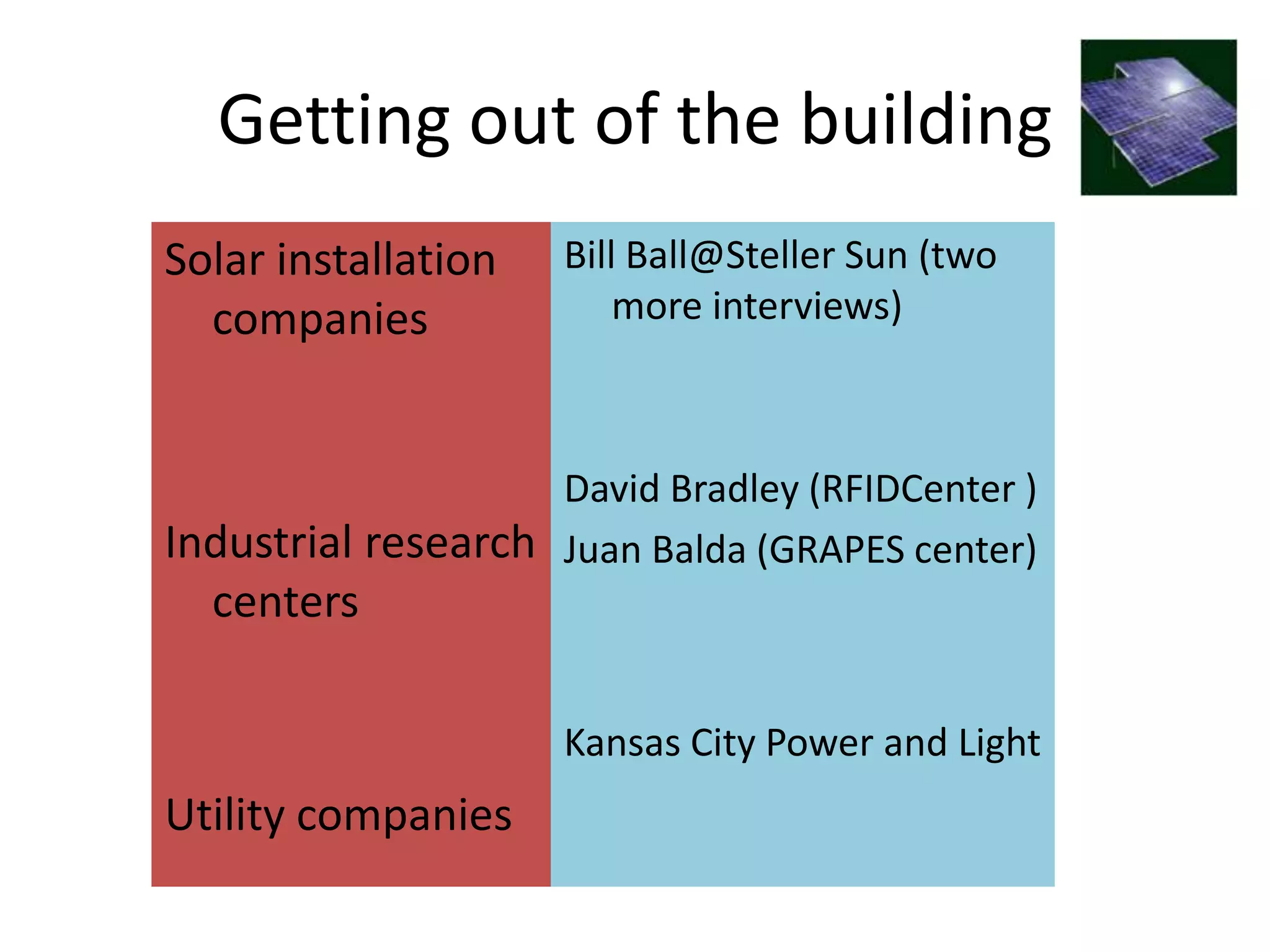 Getting out of the building
Solar installation   Bill Ball@Steller Sun (two
  companies              more interviews)



                    David Bradley (RFIDCenter )
Industrial research Juan Balda (GRAPES center)
  centers

                     Kansas City Power and Light
Utility companies
 