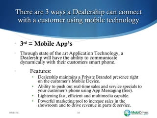 There are 3 ways a Dealership can connect with a customer using mobile technology 3 rd  = Mobile App’s Through state of the art Application Technology, a Dealership will have the ability to communicate dynamically with their customers smart phone. Features: Dealership maintains a Private Branded presence right on the customer’s Mobile Device. Ability to push out real-time sales and service specials to your customer’s phone using App Messaging (free). Lightening fast, efficient and multimedia capable. Powerful marketing tool to increase sales in the showroom and to drive revenue in parts & service. 05/01/11 