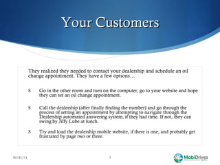 Your Customers They realized they needed to contact your dealership and schedule an oil change appointment. They have a few options… Go in the other room and turn on the computer, go to your website and hope they can set an oil change appointment. Call the dealership (after finally finding the number) and go through the process of setting an appointment by attempting to navigate through the Dealership automated answering system, if they had time. If not, they can swing by Jiffy Lube at lunch. Try and load the dealership mobile website, if there is one, and probably get frustrated by page two or three. 05/01/11 