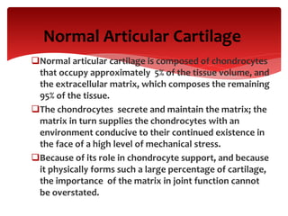 Normal Articular Cartilage
Normal articular cartilage is composed of chondrocytes
that occupy approximately 5% of the tissue volume, and
the extracellular matrix, which composes the remaining
95% of the tissue.
The chondrocytes secrete and maintain the matrix; the
matrix in turn supplies the chondrocytes with an
environment conducive to their continued existence in
the face of a high level of mechanical stress.
Because of its role in chondrocyte support, and because
it physically forms such a large percentage of cartilage,
the importance of the matrix in joint function cannot
be overstated.
 