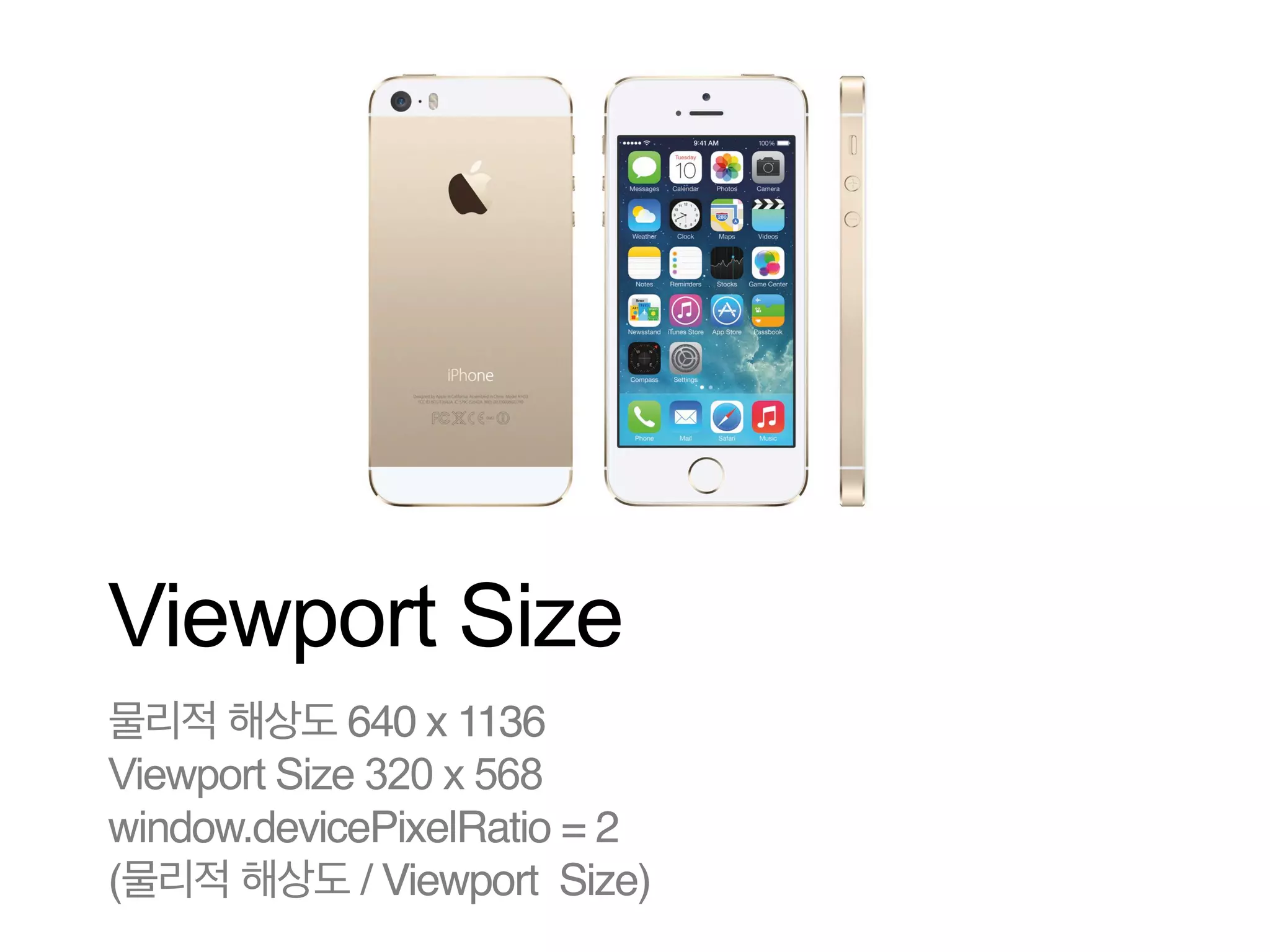 Viewport Size
물리적 해상도 640 x 1136!
Viewport Size 320 x 568
window.devicePixelRatio = 2 
(물리적 해상도 / Viewport Size)

 